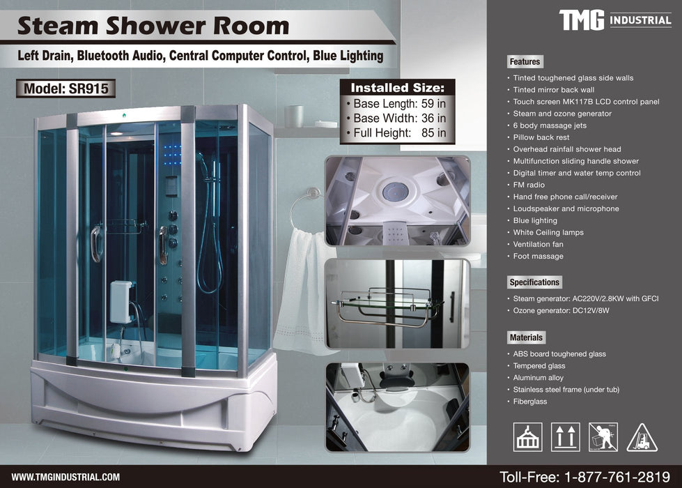 Steam Shower Room with Bluetooth, Computer Controlled Temperature, Blue Lighting, and Massage Jets, Left Drain