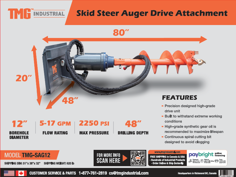 TMG Industrial Skid Steer Post Hole Auger Drive Attachment, 12” Diameter Auger, 48” Drilling Depth, Standard Flow, TMG-SAG12