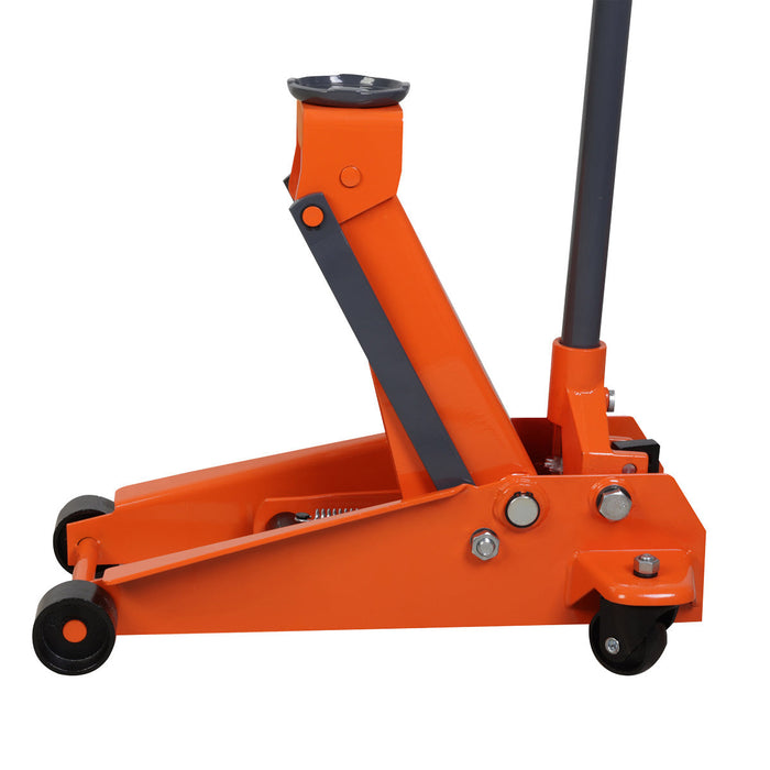 TMG Industrial 3 Ton Floor Jack, Twin Pistons, 18” Max. Height, 5” Ground Clearance, 360° Caster Pivot, TMG-AJF03