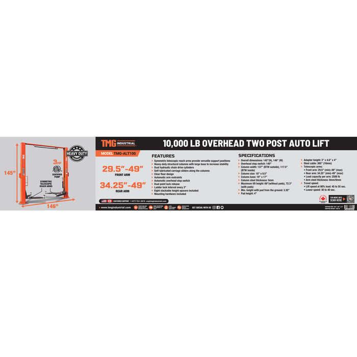 TMG Industrial 10,000-lb Two Post Overhead Auto Lift, Symmetric Arms, 72” Lift Height, Dual-Point Lock Release, TMG-ALT100