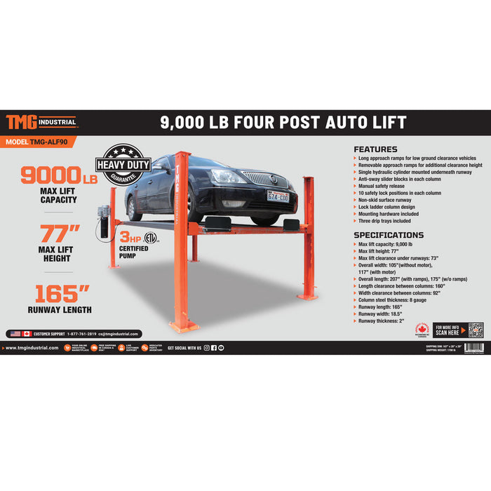 TMG Industrial 4-Post Auto Lift, 9,000 lb Lift Capacity, 77” Rise, Removable Ramp, CETL Certified Power Unit, TMG-ALF90