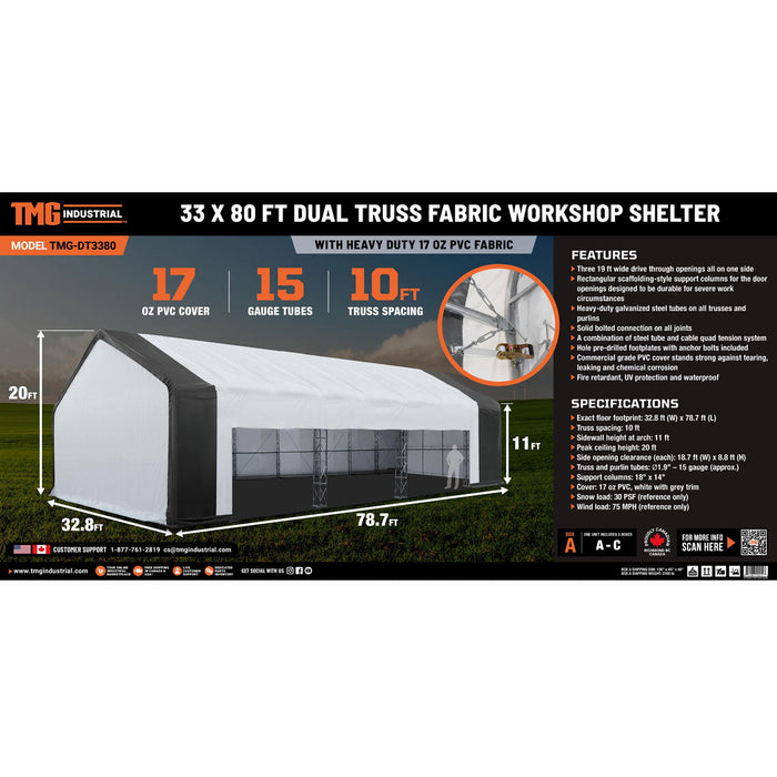 TMG-DT3380 80 x 33 FT Dual Truss Storage Shelter Workshop, 19’ Wide Drive-Through Opening, 21oz PVC Cover