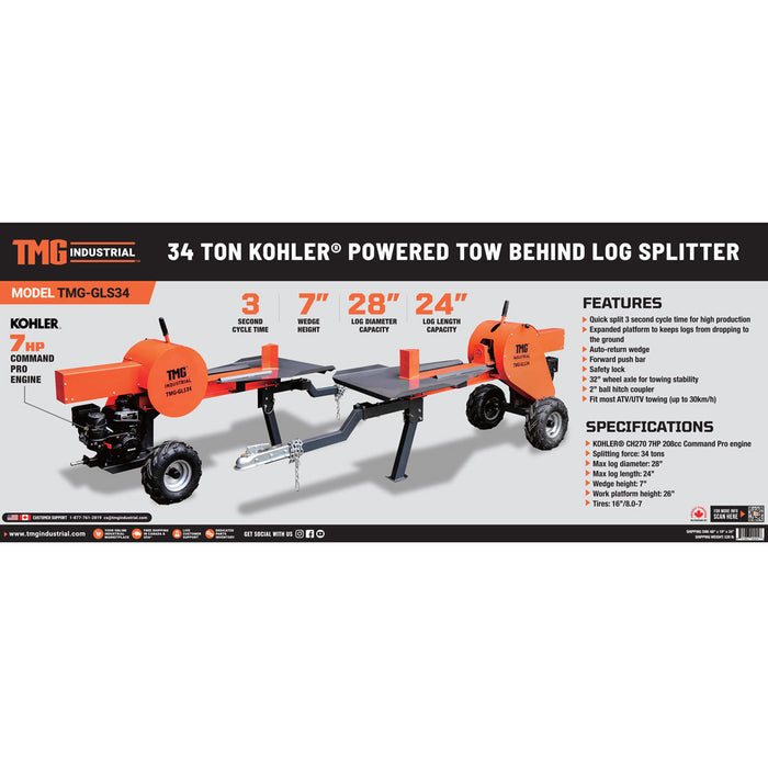 TMG Industrial 34 Ton ATV/UTV Tow-Behind Log Splitter, 7 HP Kohler Gasoline Engine, 28” Log Diameter Capacity, 3-Sec Cycle Time, TMG-GLS34