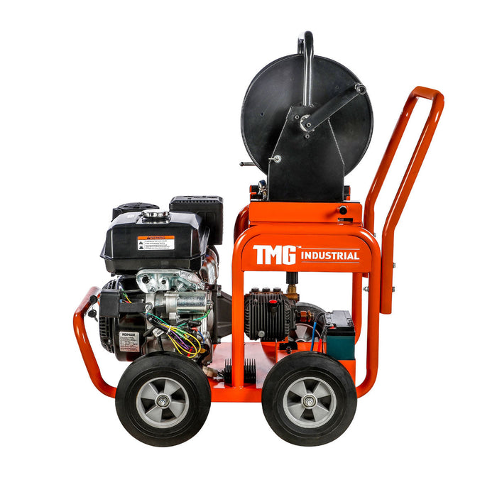 TMG Industrial 3600 PSI Kohler Powered Sewer Jetting Machine, Water Jetter, Drain Cleaner, 14 HP Kohler Engine, Stainless Steel Nozzles, 200' Hose Reel, TMG-GWJ36