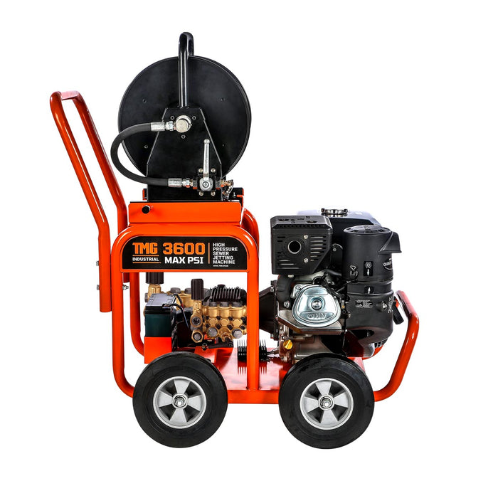 TMG Industrial 3600 PSI Kohler Powered Sewer Jetting Machine, Water Jetter, Drain Cleaner, 14 HP Kohler Engine, Stainless Steel Nozzles, 200' Hose Reel, TMG-GWJ36