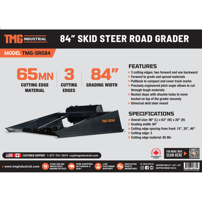 TMG Industrial 84” Skid Steer Road Grader, Bucket Stops w/Shackle Holes, Forward/Backward Cutting Edges, Grading, Spreading & Leveling, TMG-SRG84