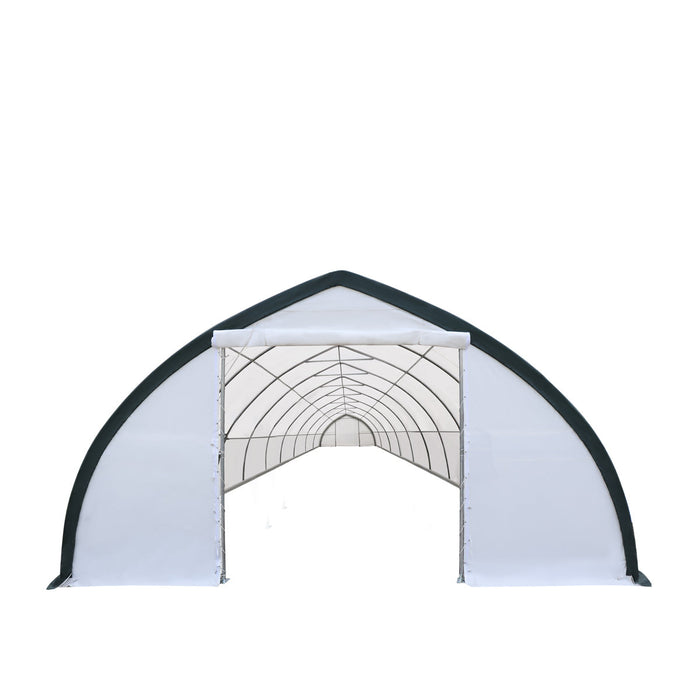 TMG Industrial 30' x 80' Peak Ceiling Storage Shelter with Heavy Duty 11 oz PE Cover & Drive Through Doors, TMG-ST3080E (Previously ST3080)