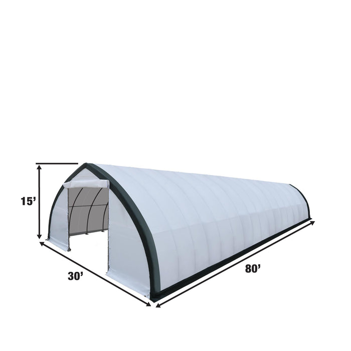 TMG Industrial 30' x 80' Peak Ceiling Storage Shelter with Heavy Duty 11 oz PE Cover & Drive Through Doors, TMG-ST3080E (Previously ST3080)