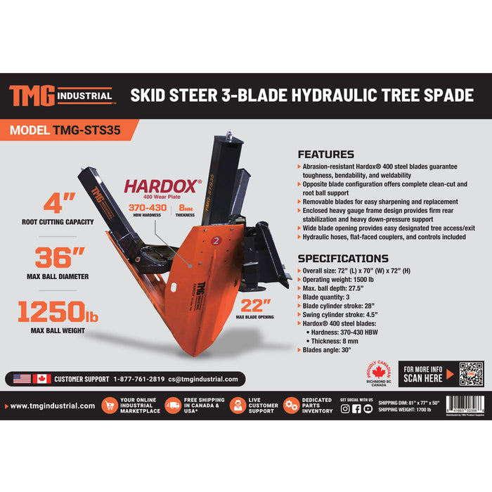 TMG Industrial 36” Skid Steer Hydraulic Tree Spade, 4” Diameter Cut Capacity, 22” Blade Opening, Hardox® 400 Blades, TMG-STS35