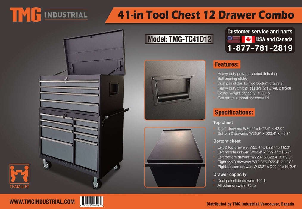 41" Tool Chest with 12 Drawers, Heavy-Duty Powder Coated Finish, 1000lb capacity, Gas Strut Lid Support