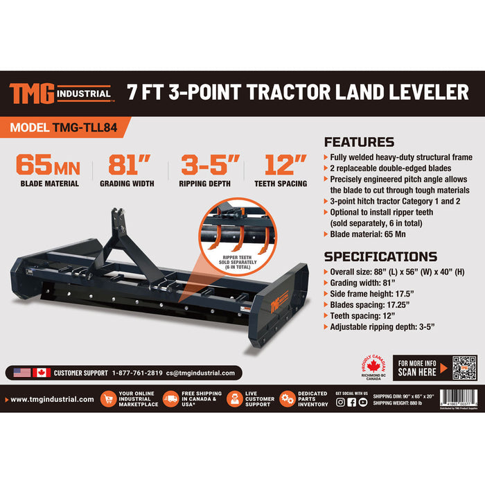 TMG Industrial 84” Tractor Land Leveler, 3-Point Hitch, 81” Grading Width, Adjustable Depth, Double Edge Blades, Category 1 & 2, TMG-TLL84