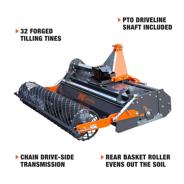TMG Industrial 65" Stone Burier Rotary Tiller, 3-Point Hitch, Category 1 and 2 Hookup, 35-60 HP Tractors, PTO Shaft Included, 2-1/2" Stone Capacity, TMG-TSB65