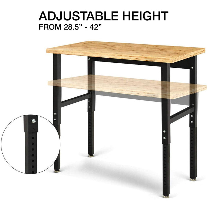 48-in Bamboo Workbench - Adjustable Height: 28.5" - 42" - Heavy-Duty Steel Frame